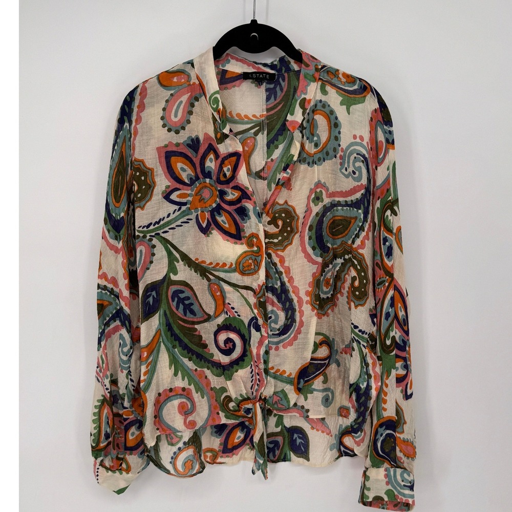 1.STATE Paisley Floral Blouse Womens Medium Multicolor Excellent Tie Front Boho